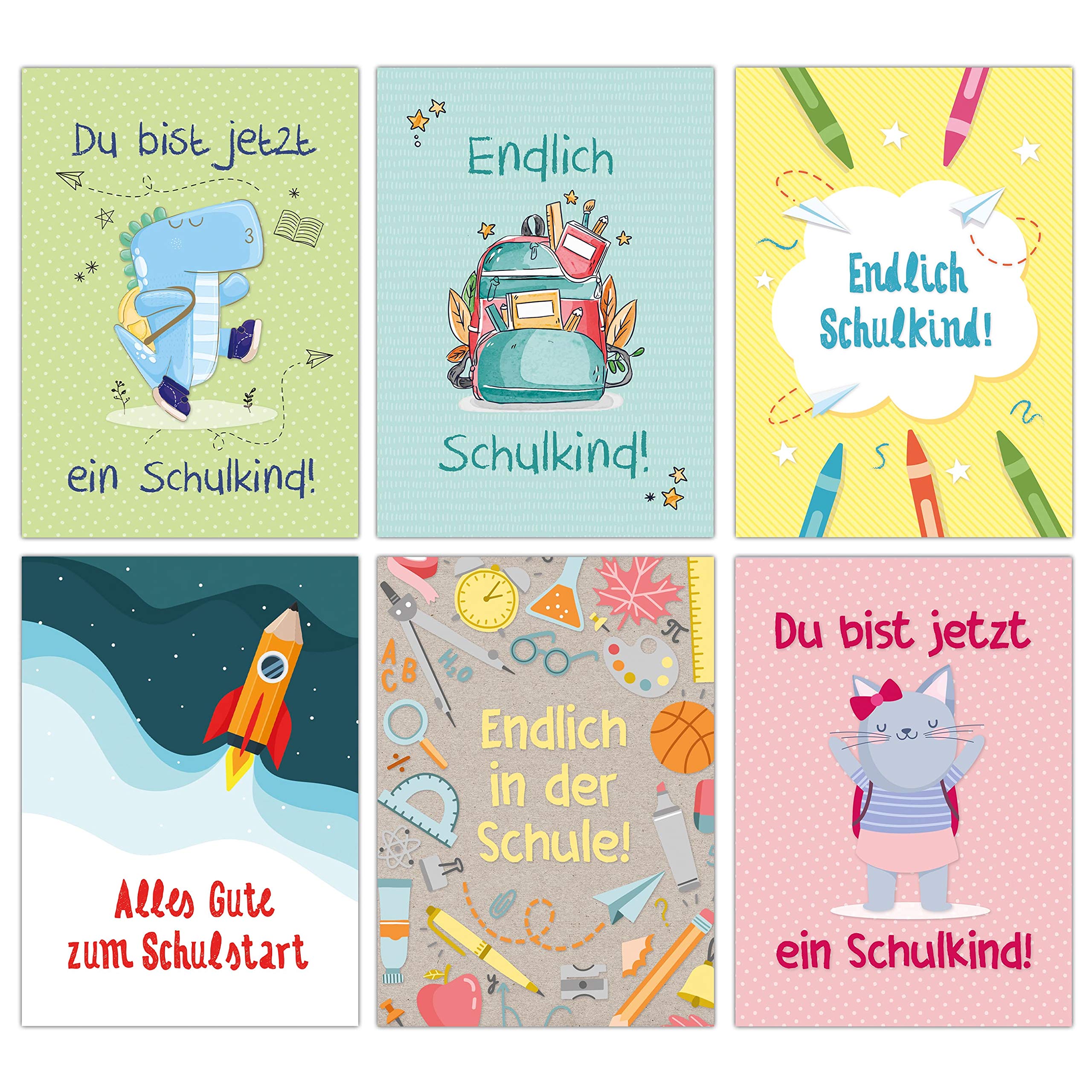 12 Greetings Cards for First Day of School – Colourful with Animals Motif – Gift and Greetings for Beginners of School – Colourful Postcard Set for Children at the First Day of School – DIN A6