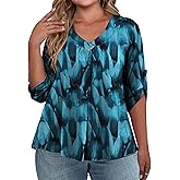 FOLUNSI Womens Plus Size 3/4 Roll Sleeve Blouses V Neck Casual Tunic Tops
