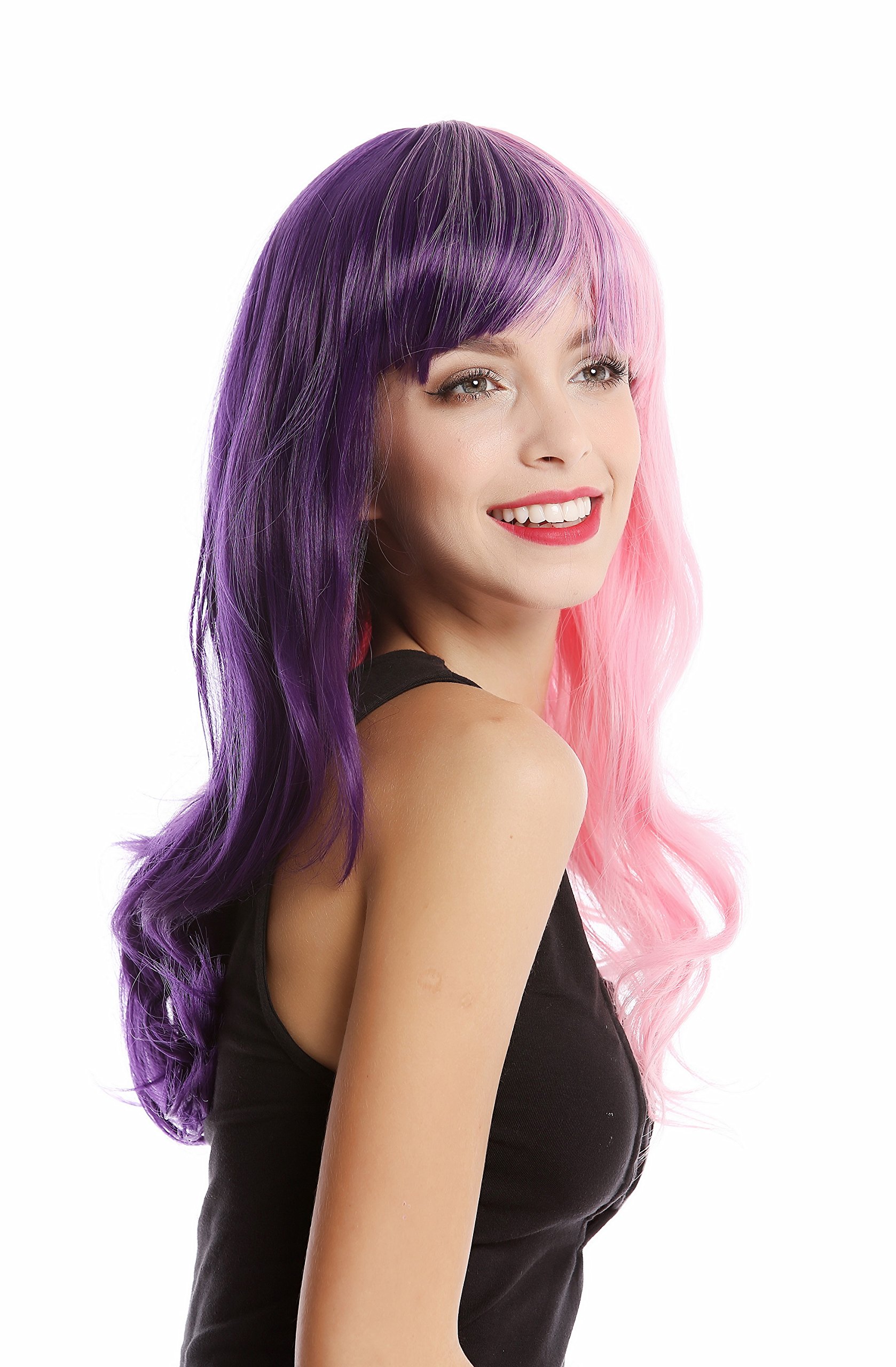 WIG ME UP - GF-W2301-1001A+T2313 Lady Quality Wig Cosplay extravagant split half dark purple half pink Harlequin bangs long slightly curly