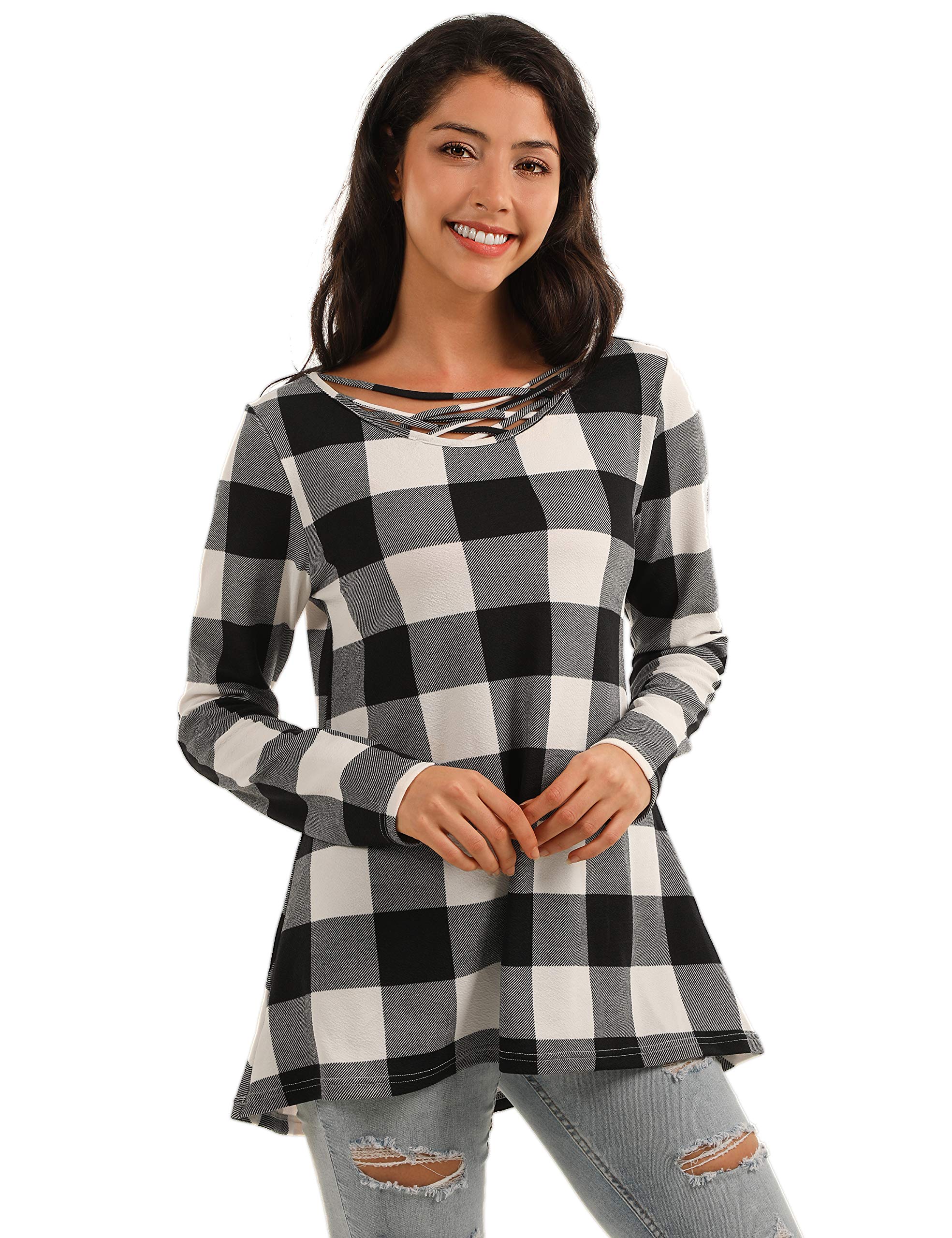 Blooming Jelly Womens Plaid T Shirt Long Sleeve V Neck Criss Cross Casual Tunic Top(S,Black)