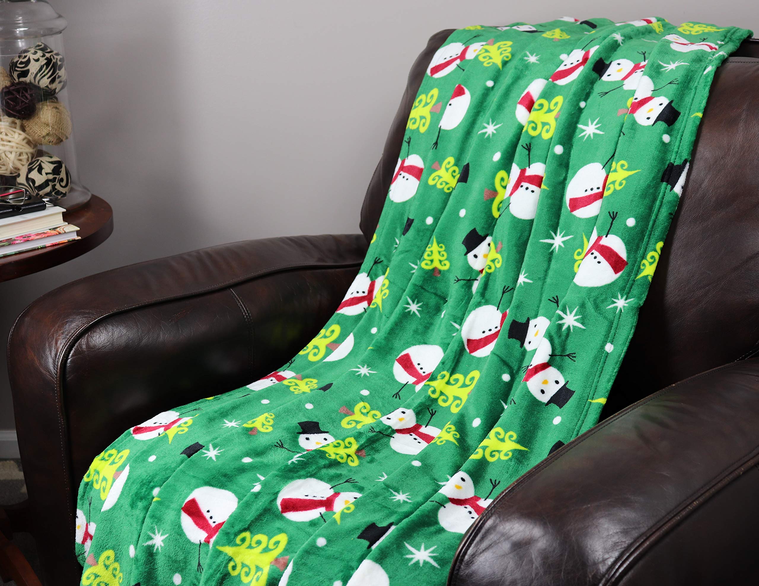 Ultra Plush Fleece Velvet Touch Holiday Winter Christmas Cuddly Throw Blanket Gift NobleHouse - for Couch, Chair, Bed 50"x 60" (Green Snowman)