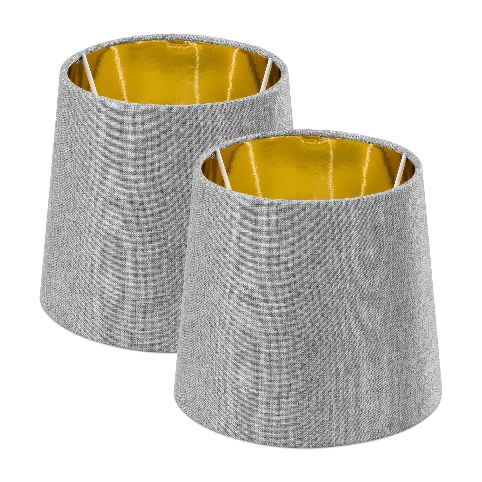 Navaris Table Lampshade - Set of 2 - Tapered Lamp Shades for E14 Light - Pair of Contemporary Modern Lampshades - Grey Linen with Golden Inner Lining