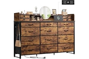 WLIVE 55''W Storage Organizer Unit with Charging Station, Storage Drawers Organizer with 16 Fabric Drawers & 3 Open Shelves, Large Storage Tower Organizaton for Living Room, Hallway, Rustic Brown