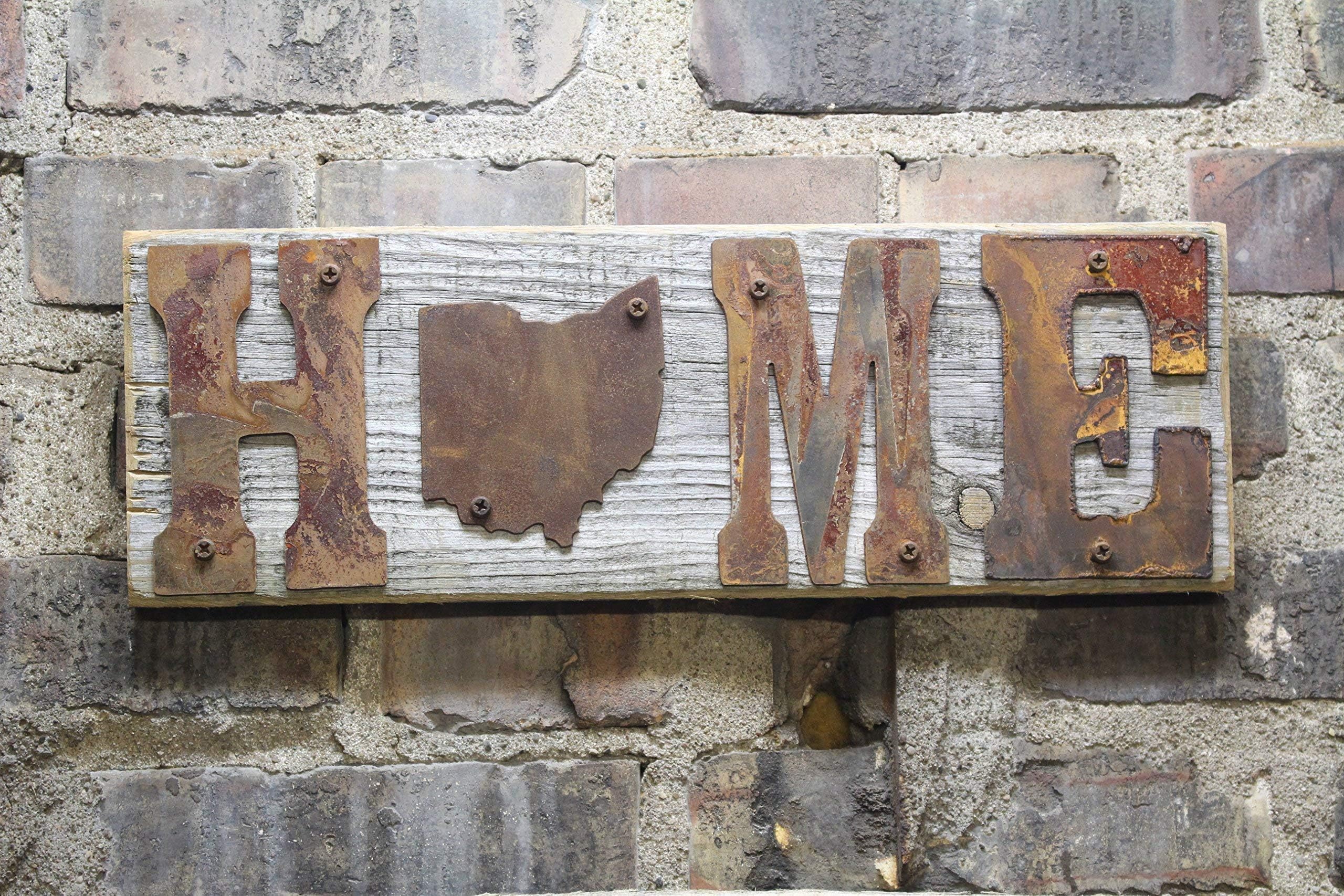 Home Sign with Rusty Tin Letters and state on rustic wood back Great Gift