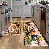 JWXCBIM Rooster Kitchen Rug 2 Piece Set, Country Farmhouse Style Sunflower Decor Floor Mats, Absorbent Washable Non-Slip Runner Carpet, Chicken Home Indoor Decorative 17x30+17x47 Inches