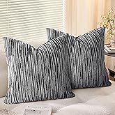 AELS 20x20 Decorative Farmhouse Throw Pillow Covers, Chenille Striped Pillow Case, Set of 2, Boho Textured Cushion Cover for Sofa Couch Living Room (Cover ONLY), Black and White