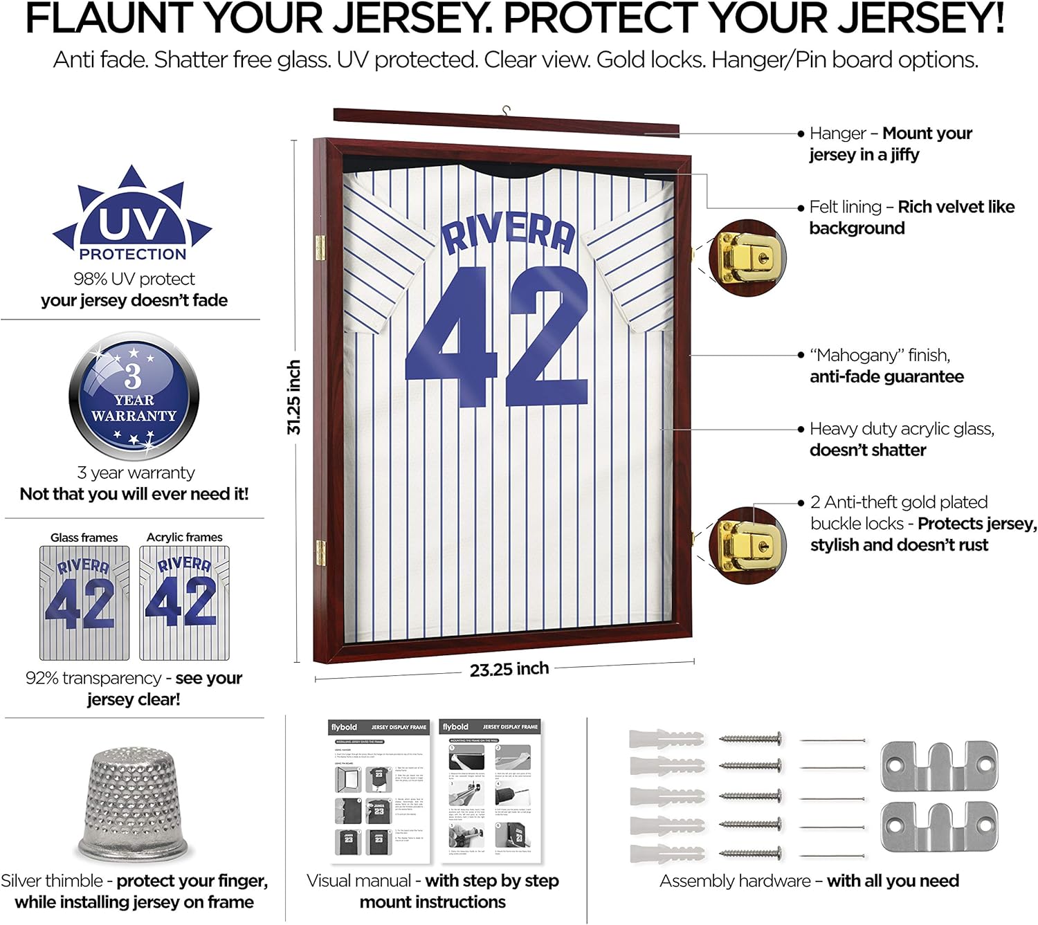 Jersey Frame Display Case Jersey Display Frame with Large Shadow Box UV Protected Acrylic Door Hanger Wall Mount Option for Football Baseball Basketball Hockey Sport Shirt Mahogany Finish Lockable : Sports & Outdoors