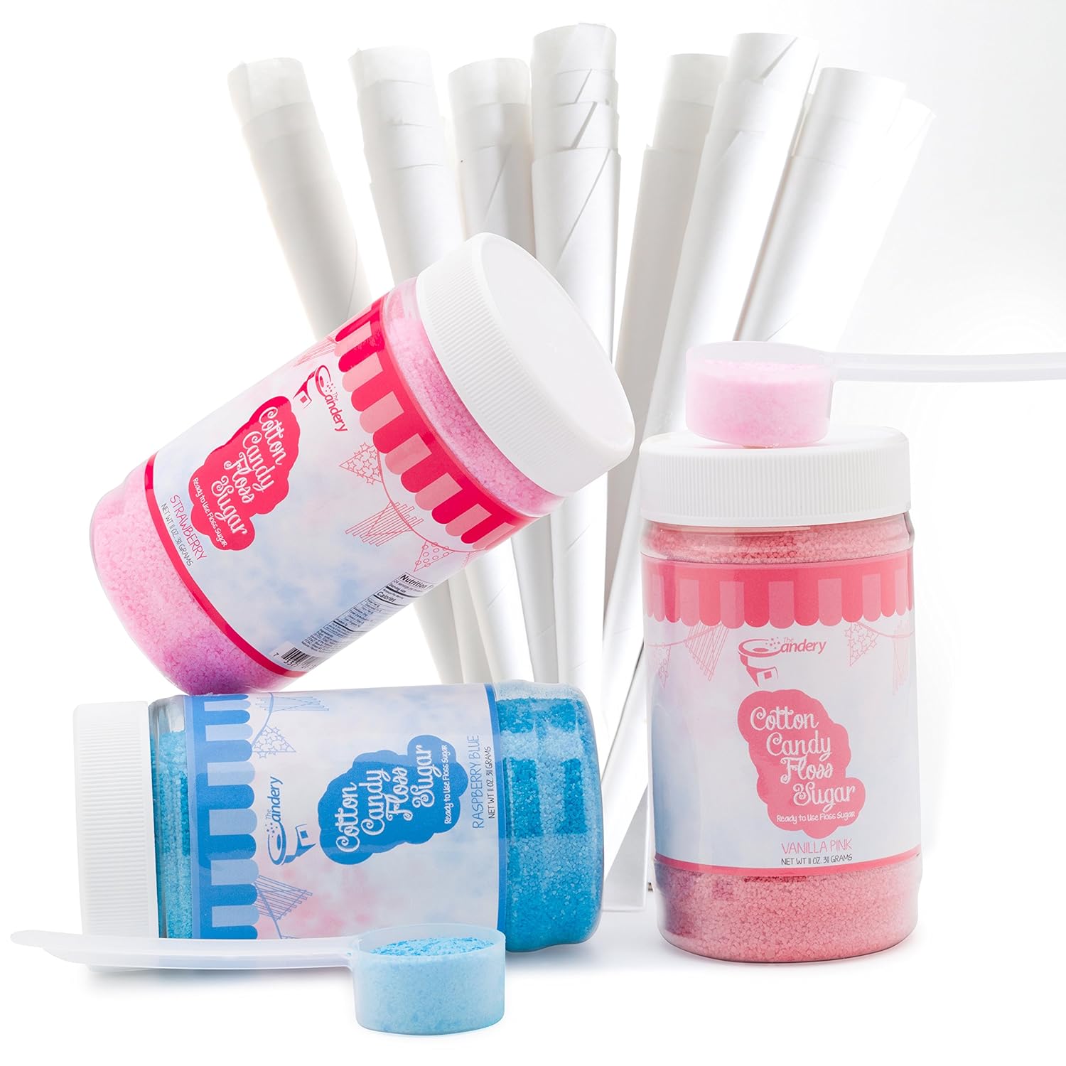The Candery Cotton Candy Floss Sugar Kit Raspberry Blue, Vanilla Pink