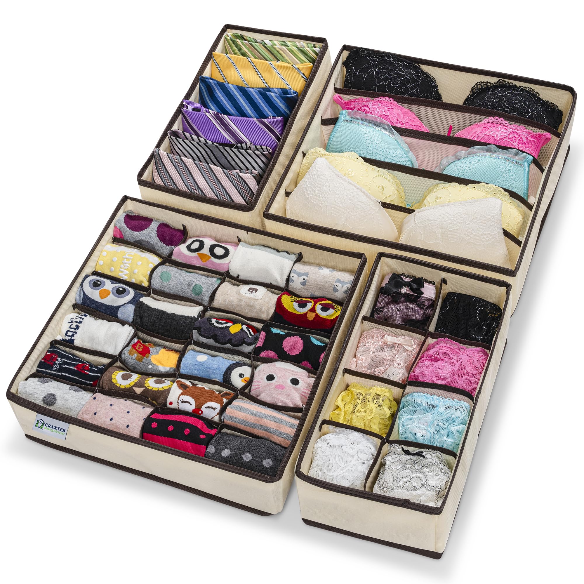 Craxter Underwear Drawer Organiser Divider – Set of 4 Fabric Drawer Dividers for Clothes, Foldable Wardrobe Draw Organizer for Baby clothes, Socks, Bras, Scarf, Ties, Belts and Knickers — image 1