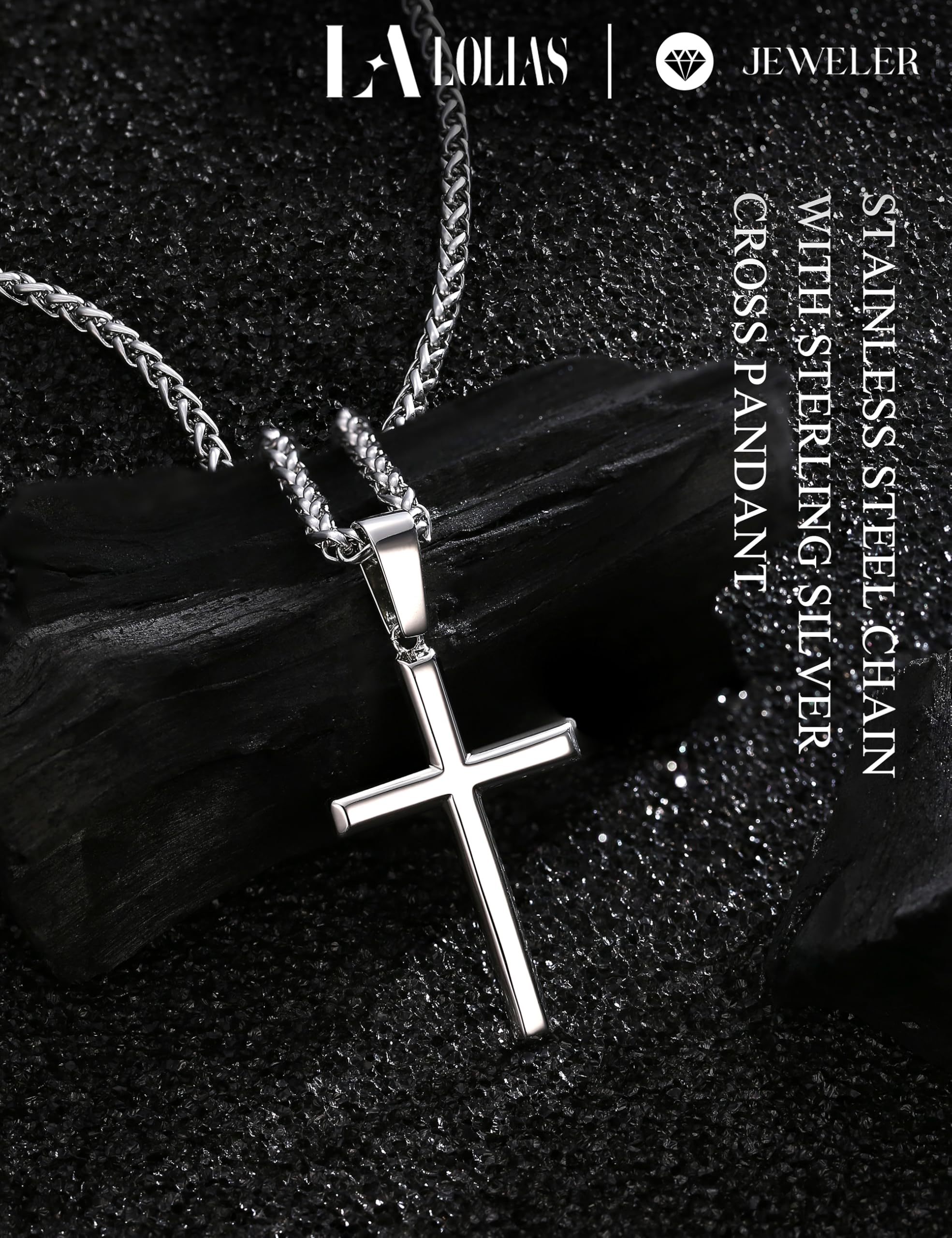 LOLIAS 925 Sterling Silver Cross Necklace Men-Removable Silver Cross Pendant with Hypoallergenic 316L Stainless Steel Wheat Chain Crucifix Necklace Jewelry for Mens Women, 16-30 Inches