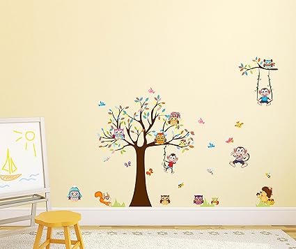 Amazon Brand - Solimo Wall Sticker for Kids Room (Monkeys & Owls, Ideal Size on Wall, 155 cm X 110 cm)