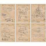 Vintage Disney Rides Patent Posters Prints, Set of 6 (8x10) Unframed Photos, Wall Art Decor Gifts Under 20 for Home, Office, 