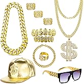 MEDOJO 80 90s Hip Hop Costume Outfit Kit Fake Golden Chain Dollar Sign Cap CZ Grillz Teeth Rapper Accessories Set