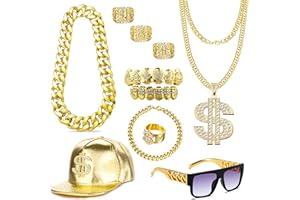 MEDOJO 80 90s Hip Hop Costume Outfit Kit Fake Gold Chain Dollar Sign Cap CZ Grillz Teeth Rapper Accessories Set