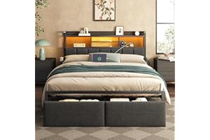 Furnulem Full Size Bed Frame with Upholstered Headboard, Bed Frame Full with Storage Drawers, Charging Station & LED Lights, Metal Platform No Box Spring Needed, Noise Free, Black (1200 lbs Capacity)