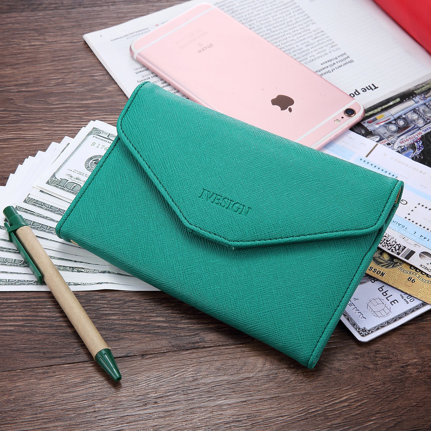 IVESIGN Travel Passport Wallet Trifold Envelope Document Organizer Holder (Green)