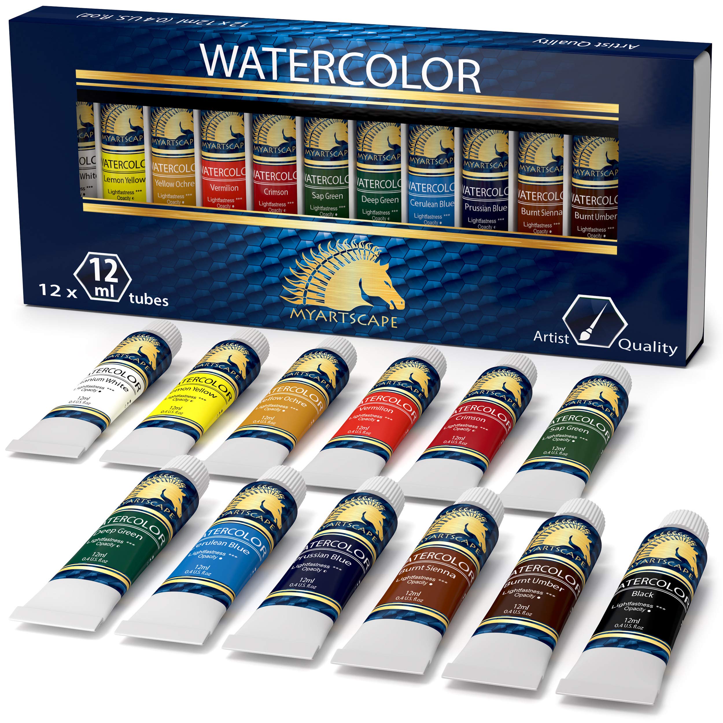 Myartscape Watercolor Paint Set - 12 x 12ml Tubes - Lightfast - Highly Pigmented - Vibrant Colors - Fade Proof - Painting Kit for Adults & Hobby Painters - Professional Watercolors Supplies