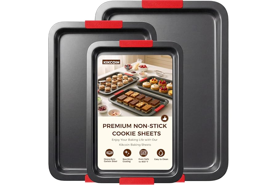 Kikcoin Nonstick Cookie Sheets for Baking Set of 3, Carbon Steel Sheet Pans with Lychee Silicone Handles, 2X Thick Ceramic Coating PFOA-Free, Small Medium Large Stackable Baking Pans for Oven, Gray