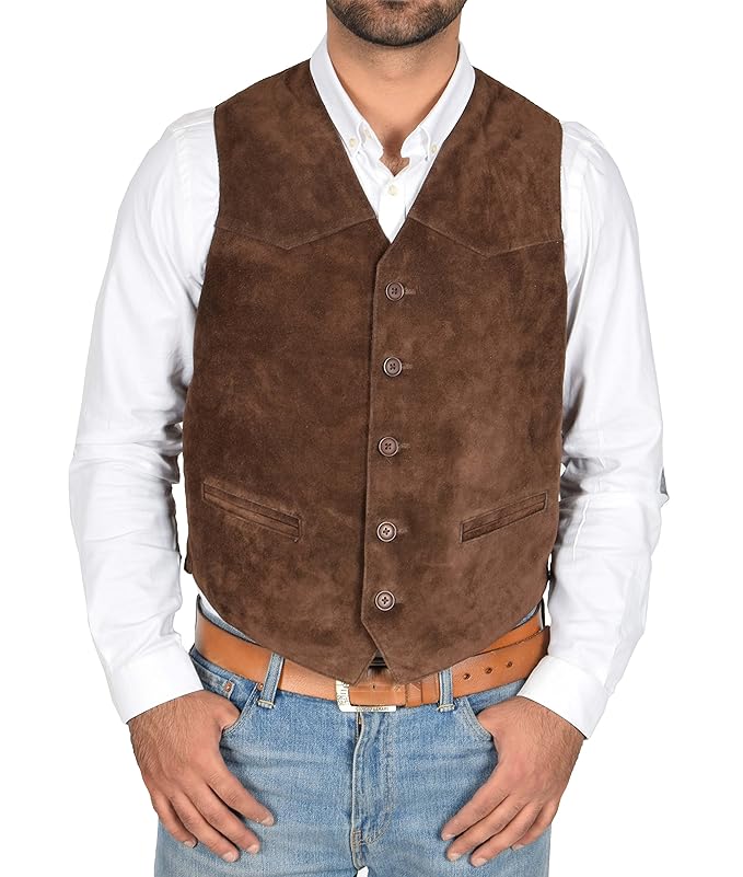 Real Suede Waistcoat for Mens Classic Style Soft Brown Suede Leather Vest Gilet Cole Amazon