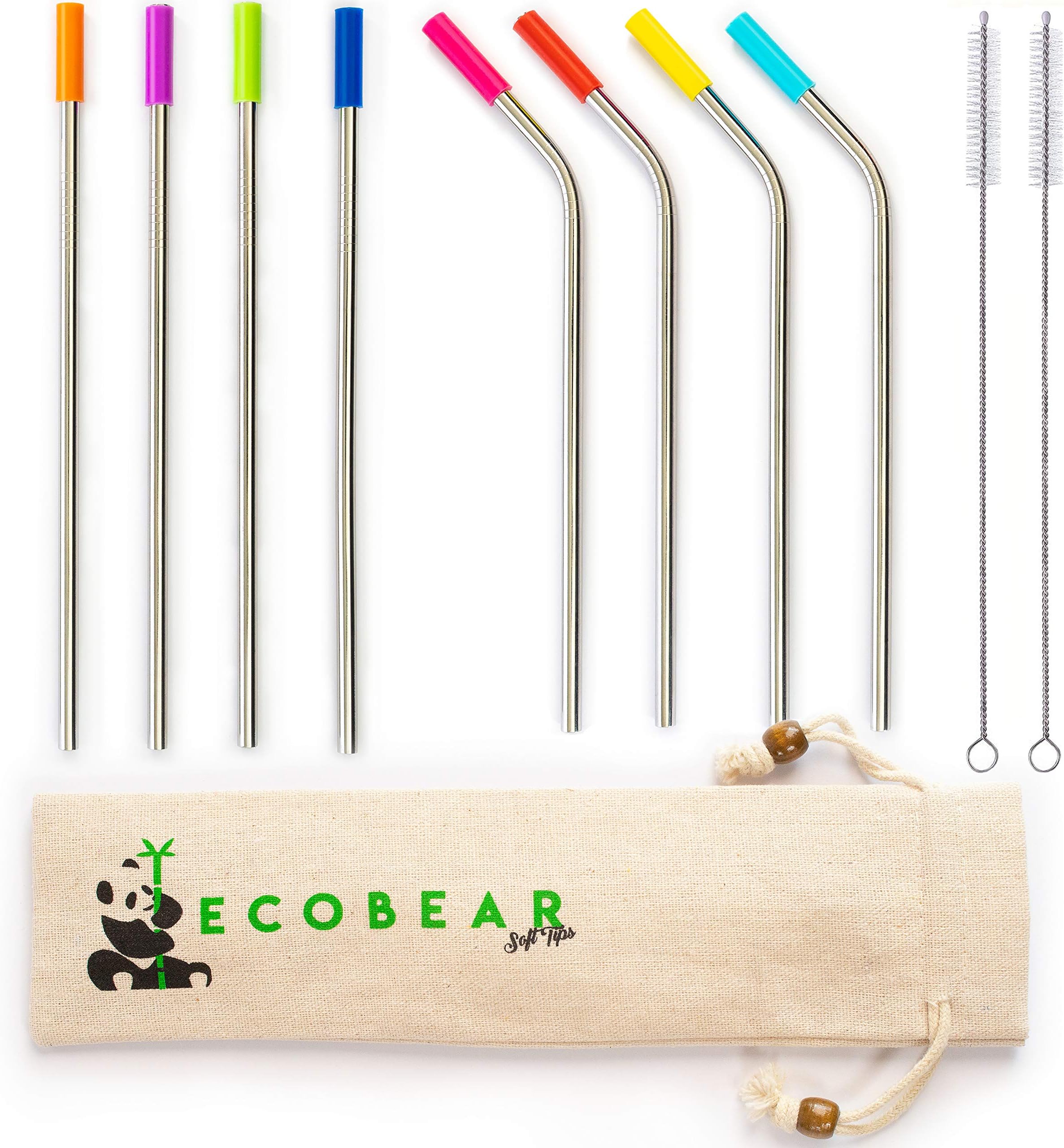 Premium quality reusable stainless steel metal drinking straws - 8 set with 2 cleaning brushes and silicone tips - 100% EcoFriendly - For adults and kids great for cocktails, smoothies and hot drinks