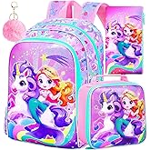 KLFVB 3PCS Girls Mermaid Backpack, Water Resistant Kids Unicorn Bookbag with Lunch Box, 16" Preschool Backpacks for Elementary