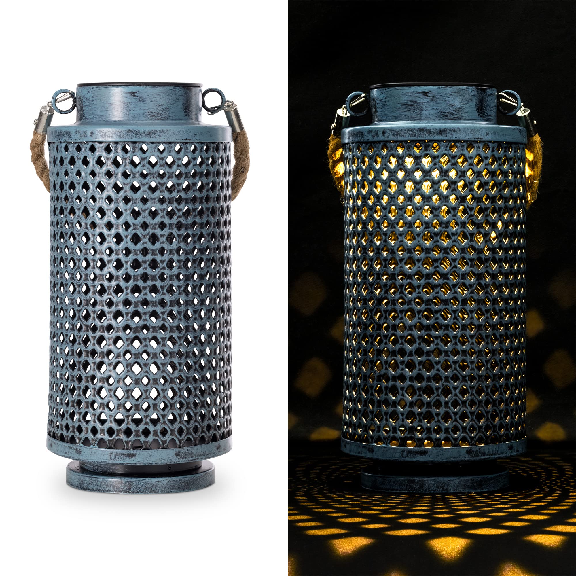 Navaris Garden Solar Lantern - Outdoor Sun Powered Hanging Light Ornament Lamp Lights for Gardens Table with Bamboo Stand - Morrocan Lantern Blue