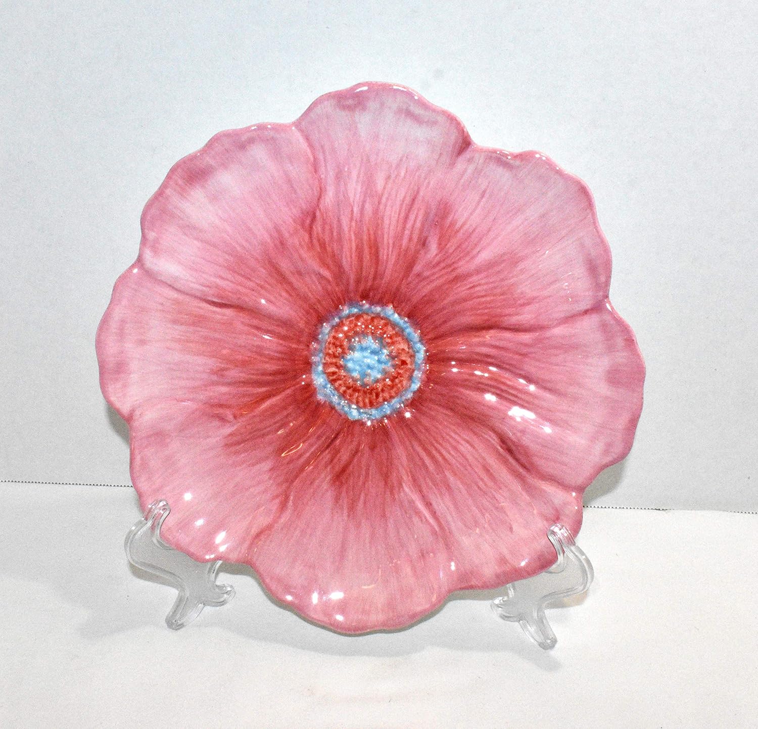 New 9.5" Pink Hibiscus Flower Ceramic Dinner / Appetizer