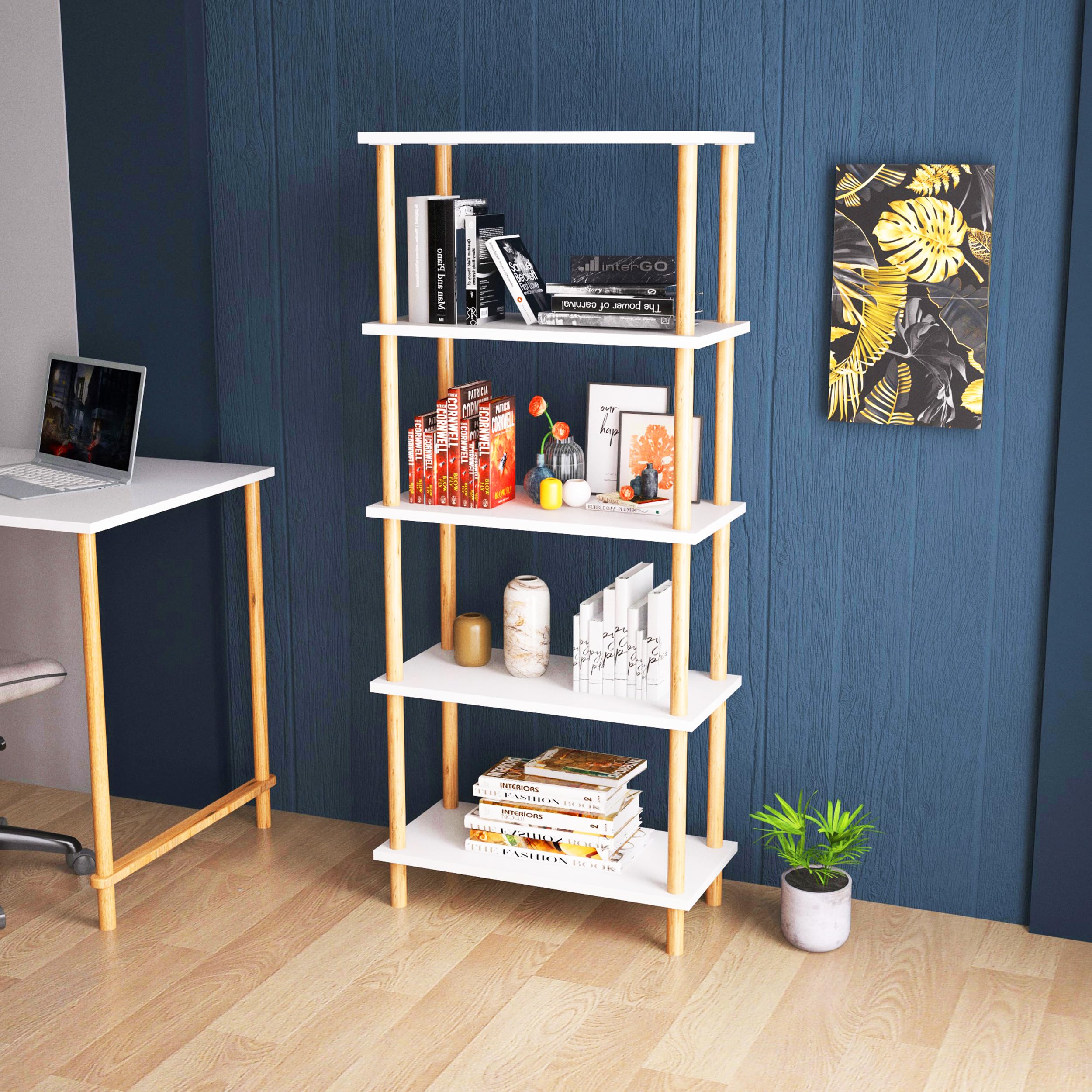 Photo 1 of InterGo Modern 4-Tier Wooden Bookshelf - Freestanding Storage Shelving Unit for Home or Office (White)
