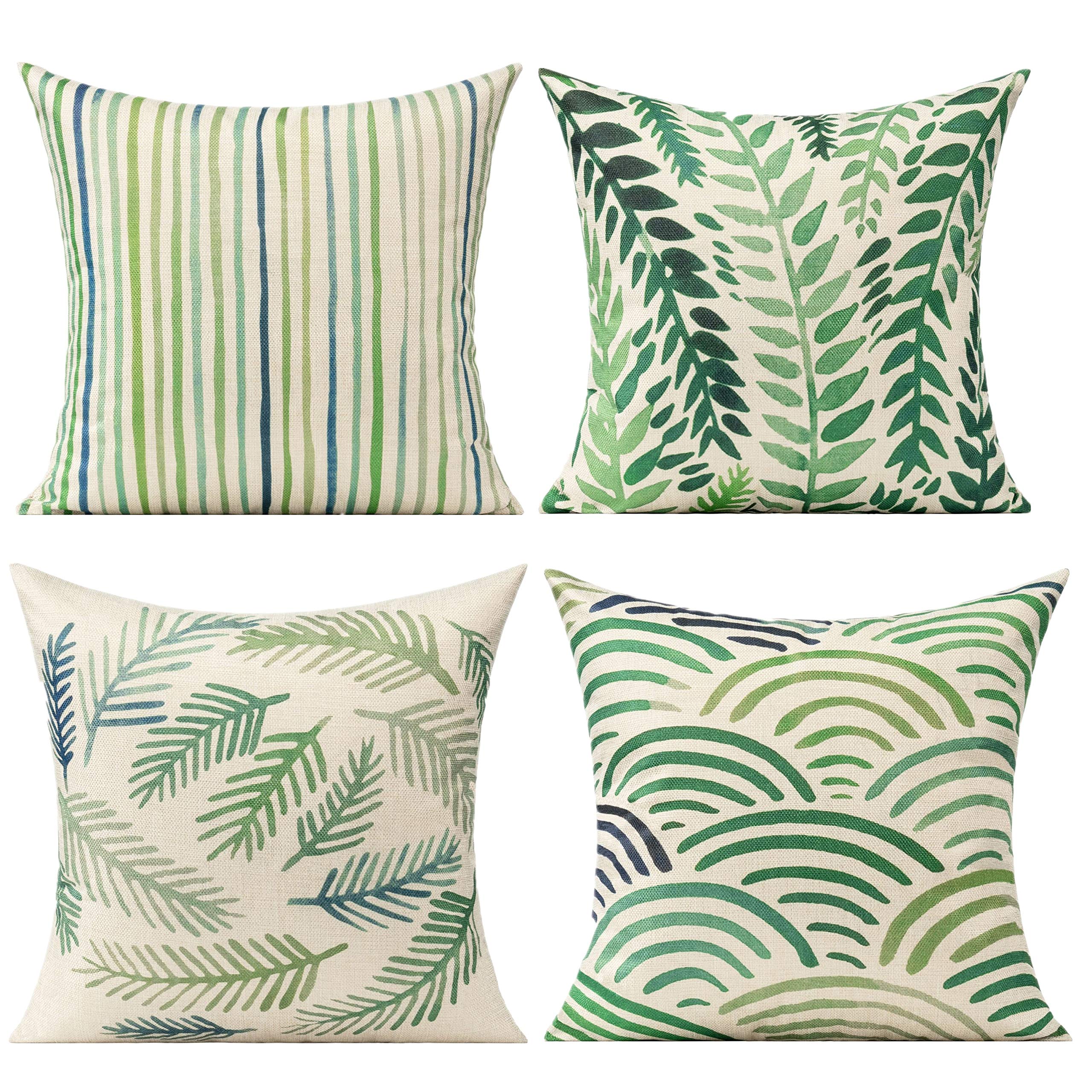 Green Leaves Outdoor Cushion Covers Summer Plant Throw Pillow 18 x 18 Cases Decorative Tropical Rainforest Palm Spring Leaf Pillows Square Cotton Linen Set of 4 for Sofa Patio Couch — image 1
