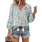 Vivilli Womens Boho Tops Casual V Neck 3/4 Sleeve Blouses Floral Print Shirt Tie Front Flowy Vacation Clothes