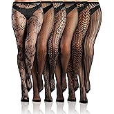 Ramede 6 Pairs Women Fishnet Thigh High Stockings Waist Tights Striped Patterned Fish net Leggings Pantyhose for Halloween