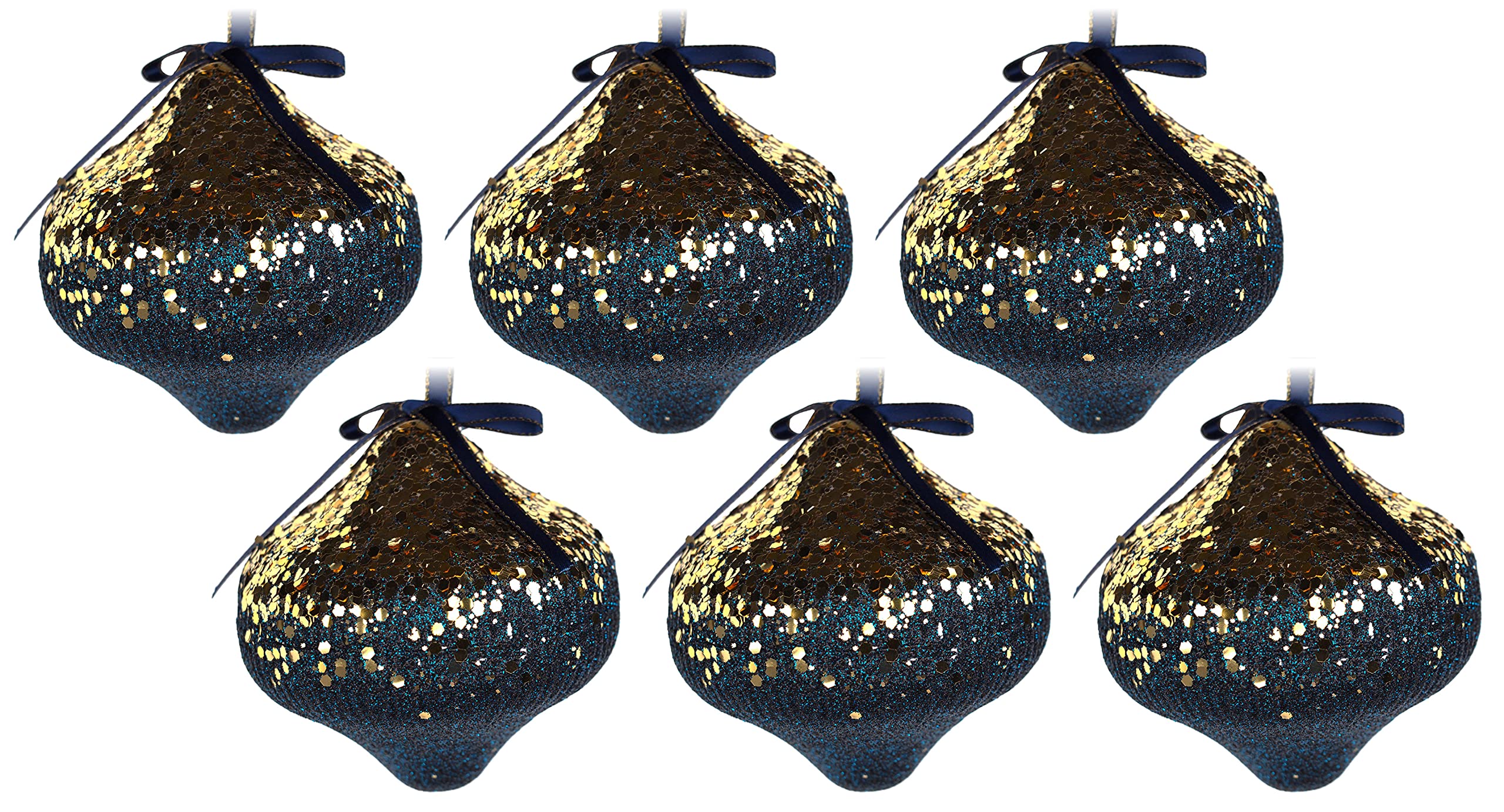 6 x Sequin Navy Blue Gold Christmas Tree Baubles Decorations - Lantern