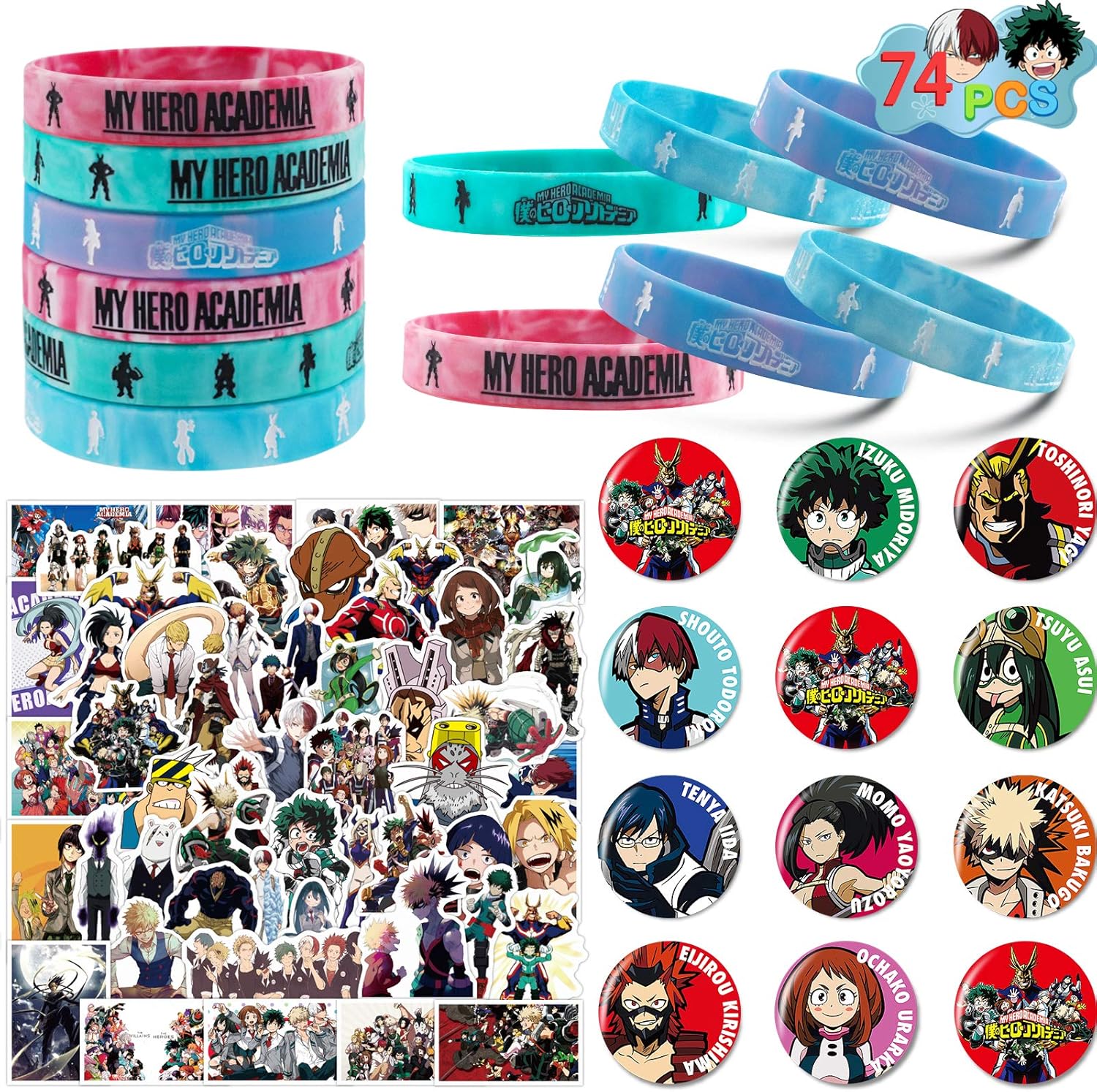 My Hero Academia Merch, 74 Pack Birthday Party Favors Set Include 12 Bracelets, 12 Button Pins