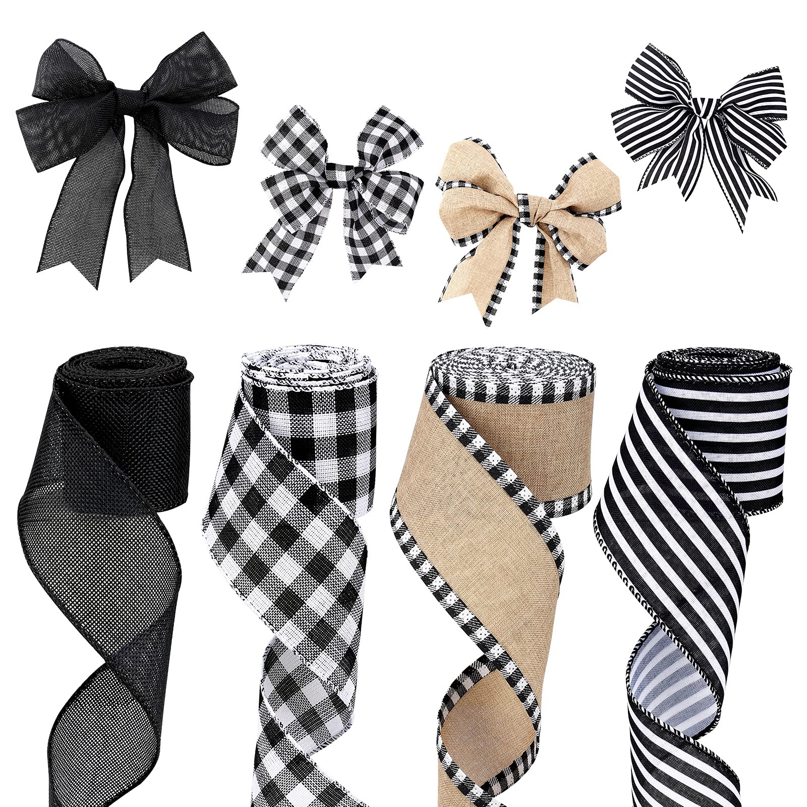 AIEX 4 Rolls 6.56 Yard Plaid Ribbon Burlap Fabric for Crafts, Black and White Plaid Burlap Wired Ribbons Strap Decorations for DIY Crafts Making Countryside Style Bow-Knot (4 Styles), White,Black