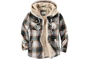 Shawnda Men's Sherpa Hooded Flannel Jacket Cotton Button Down Shirt Jacket Plaid