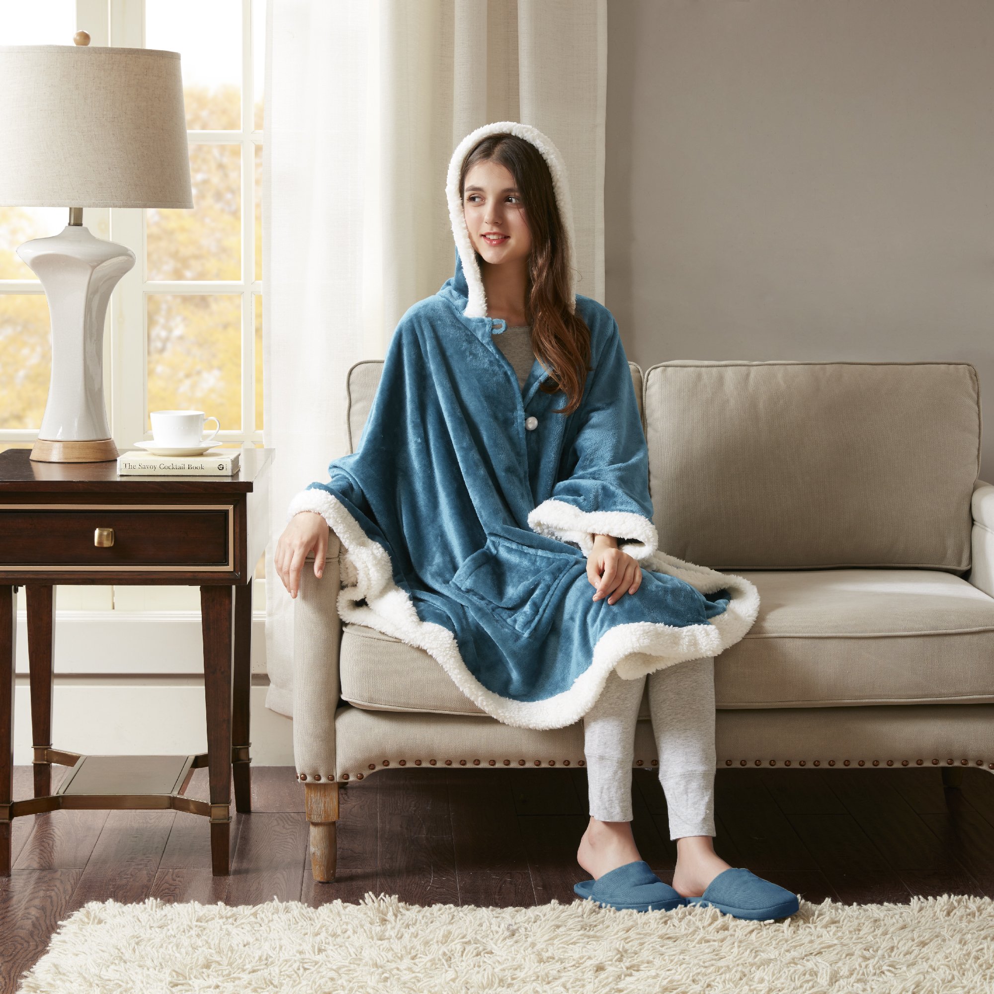 Comfort Spaces Glimmersoft Plush To Sherpa Pocket Hooded Angel Wrap Ultra Soft Wearable Poncho Blanket Throw, 58"x72", Teal