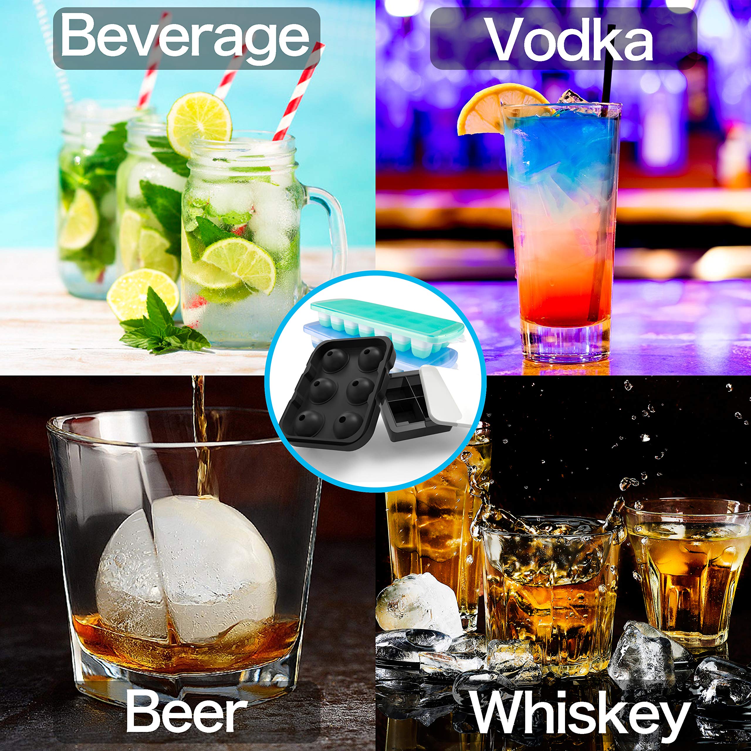 Ice Cube Trays - Silicone Ice Cube Tray Large for Cocktail Whiskey Big Ice Ball Maker Ice Mold, 4 Pack