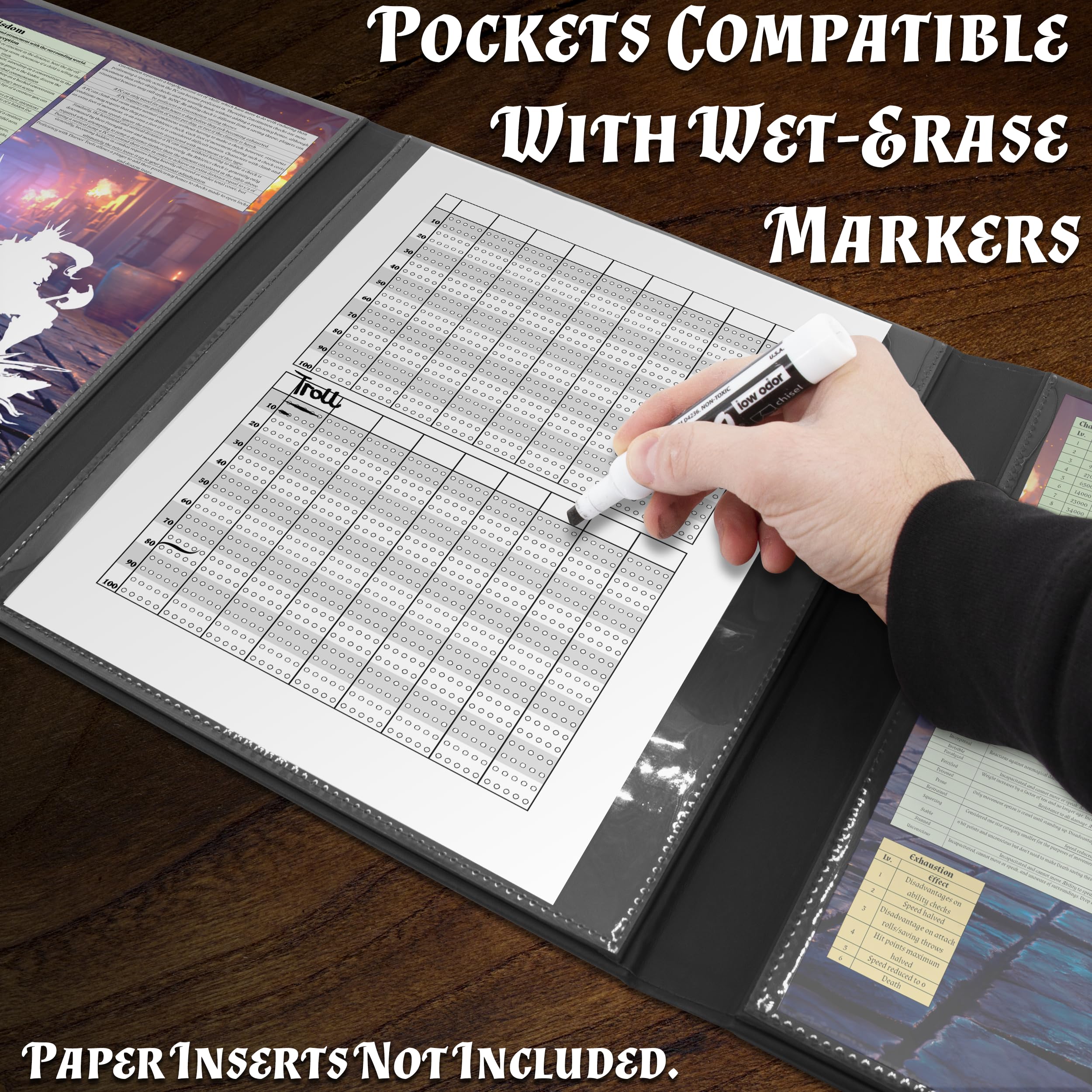 CASEMATIX DM Screen Faux Leather Embossed GM Screen - Four Panel Folding Dungeon Master Screen with Wet Erase Pockets and Compatible with Tabletop Roleplaying Games, Inserts Not Included, Black