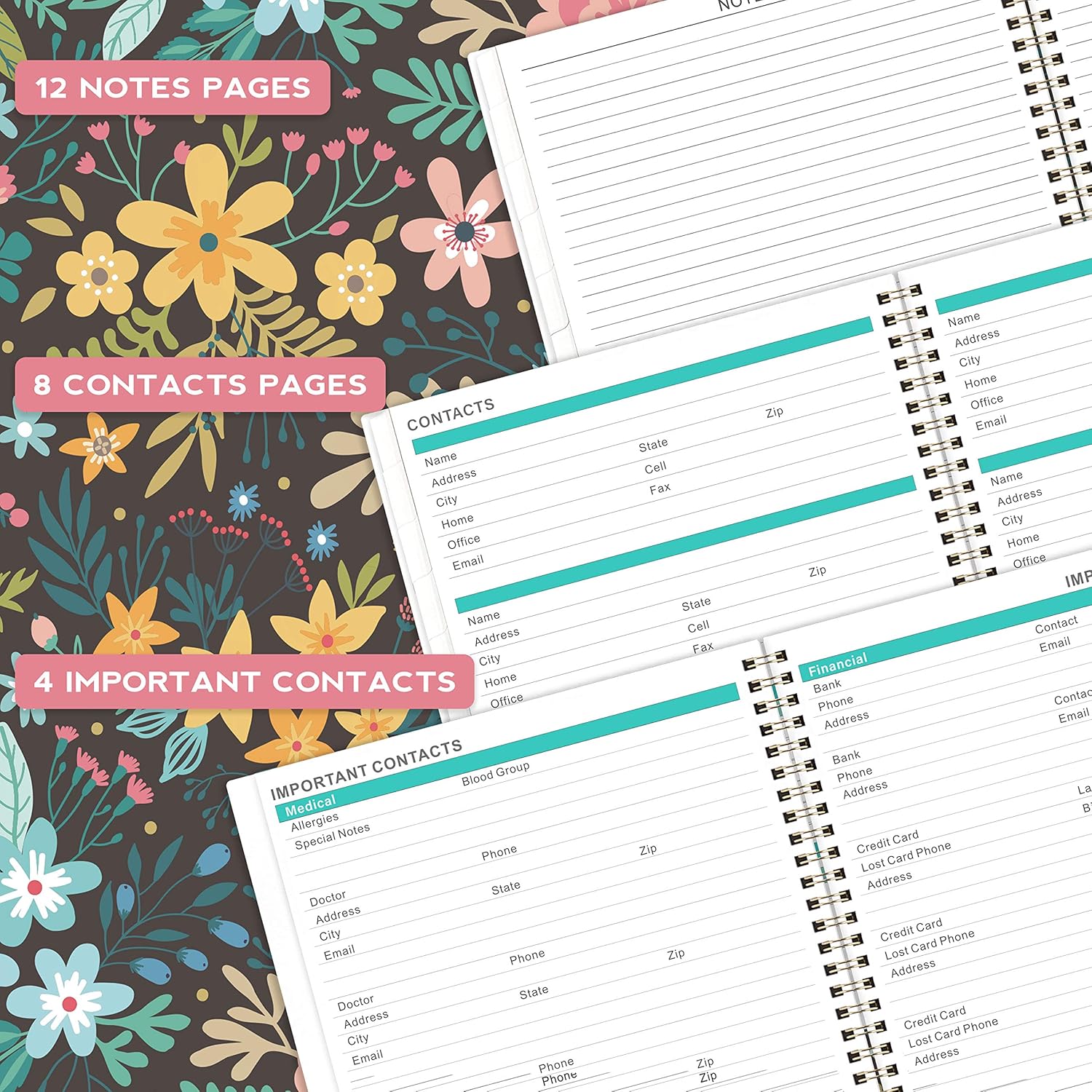 2021-2022 Monthly Planner - 18-Month Planner with Tabs & Pocket, Contacts and Passwords, 8.5" x 11", Thick Paper, Jul. 2021 - Dec. 2022, Twin-Wire Binding - Black Floral : Office Products