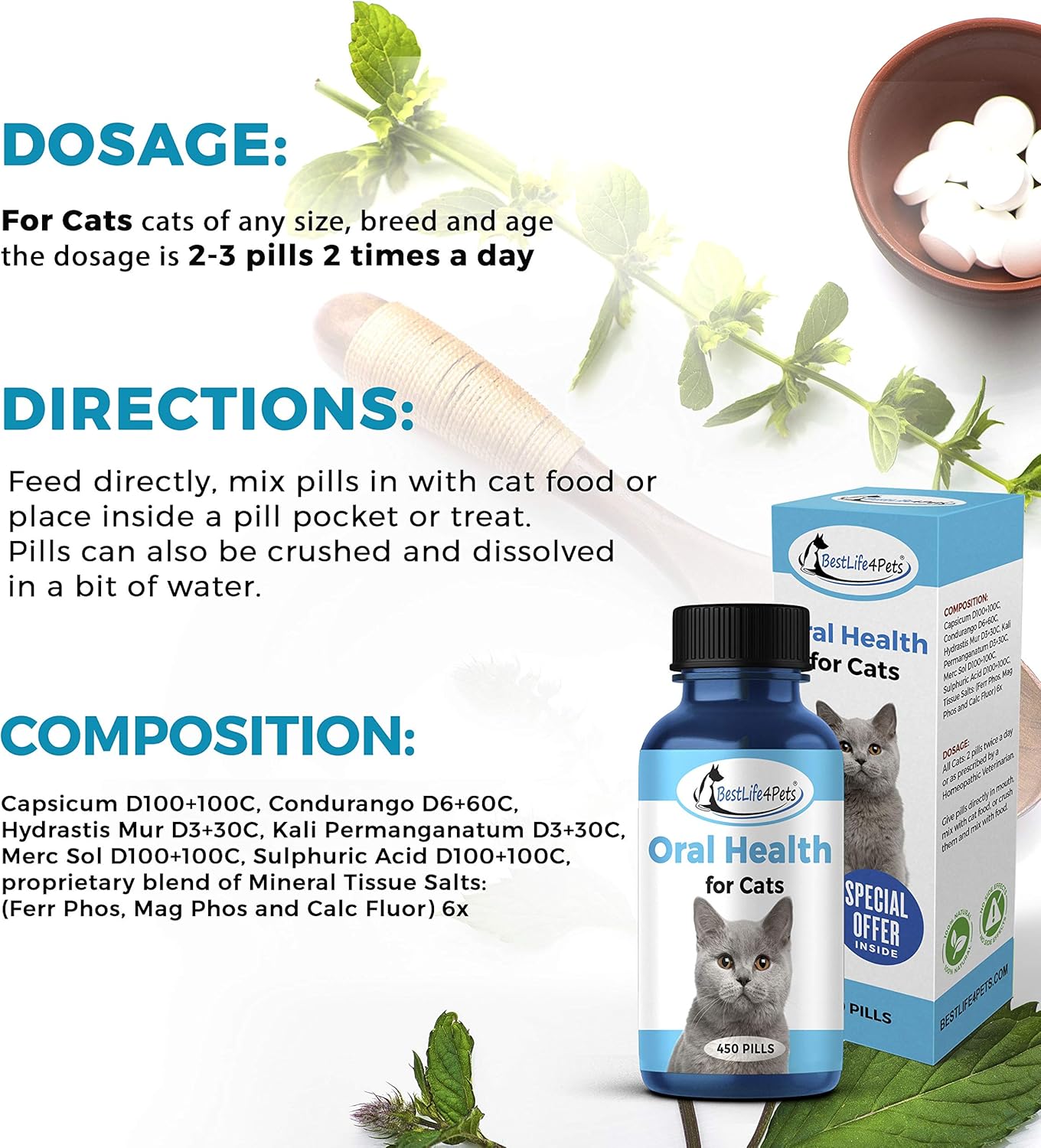 Cat Oral Health and Dental Care Supplement - Natural Anti-inflammatory and Pain Relief for Feline Stomatitis and Tooth Infection, Helps Control Tartar, Plaque and Gum Disease - Easy to Use : Pet Supplies