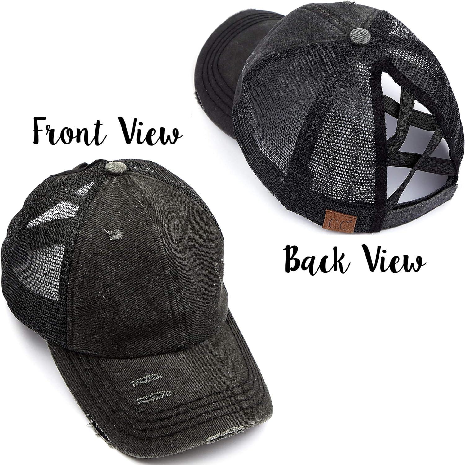 Funky Junque Dad Hat Ponytail Messy Bun Trucker Ponycap (Distressed Black w/Criss Cross Back) at  Women’s Clothing store