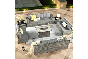 ovios 13 Pieces Patio Furniture Set, Outdoor Sectional Sofa with Rectangular Fire Pit Table, Wide Armrests and Deep Seat, Modern Modular Wicker Rattan Conversation Set, Dark Gray Stripe