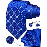 GUSLESON 3.15"(8cm) Mens Tie and Lapel Pin Plaid Checkered Necktie Hankerchief Cufflinks Set for Men