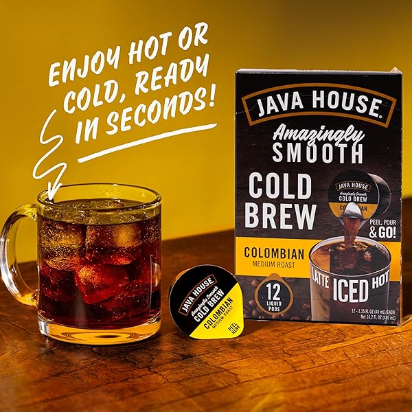 JAVA HOUSE MEDIUM ROAST COLOMBIAN COLD BREW PODS, (12 COUNT) PEEL AND POUR PODS HOT OR ICED INSTANT COFFEE CONCENTRATE
