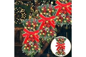 HBEYLIA 2 Pack Christmas Swags with Lights - 24" Prelit Artificial Xmas Staircase Swag Hanging Lighted Wreath Front Door Teardrop Swag Garland Christmas Swags for Decorating Outdoor Home Garden Decor