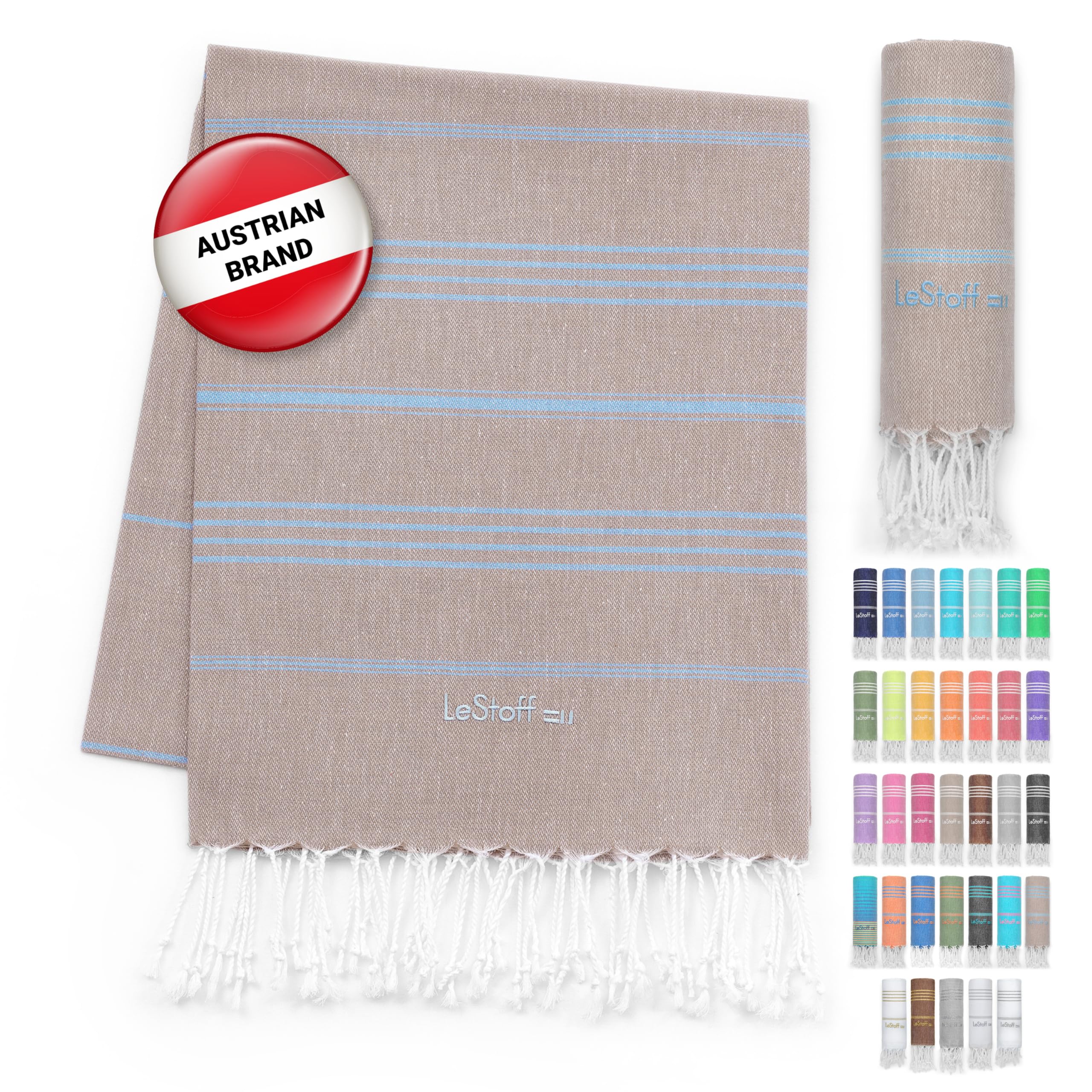 LeStoff Turkish Hammam Towel – 100% organic cotton, 95 x 180 cm, Pre-washed, Absorbent, Quick-drying, Lightweight, Turkish Towel, Hammam Beach Towel, Gym Towel, Beach Throw, Sauna Towel (Beige-Blue) — image 1