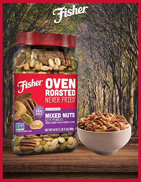 FISHER OVEN ROASTED NEVER FRIED MIXED NUTS WITH PEANUTS, 24 OUNCES (PACK OF 1), PEANUTS, ALMONDS, CASHEWS, PISTACHIOS, PECANS, SNACKS FOR ADULTS, MADE WITH SEA SALT, NO ADDED OILS, ARTIFICIAL INGREDIENTS OR PRESERVATIVES, TRAIL MIX, GLUTEN FREE ​