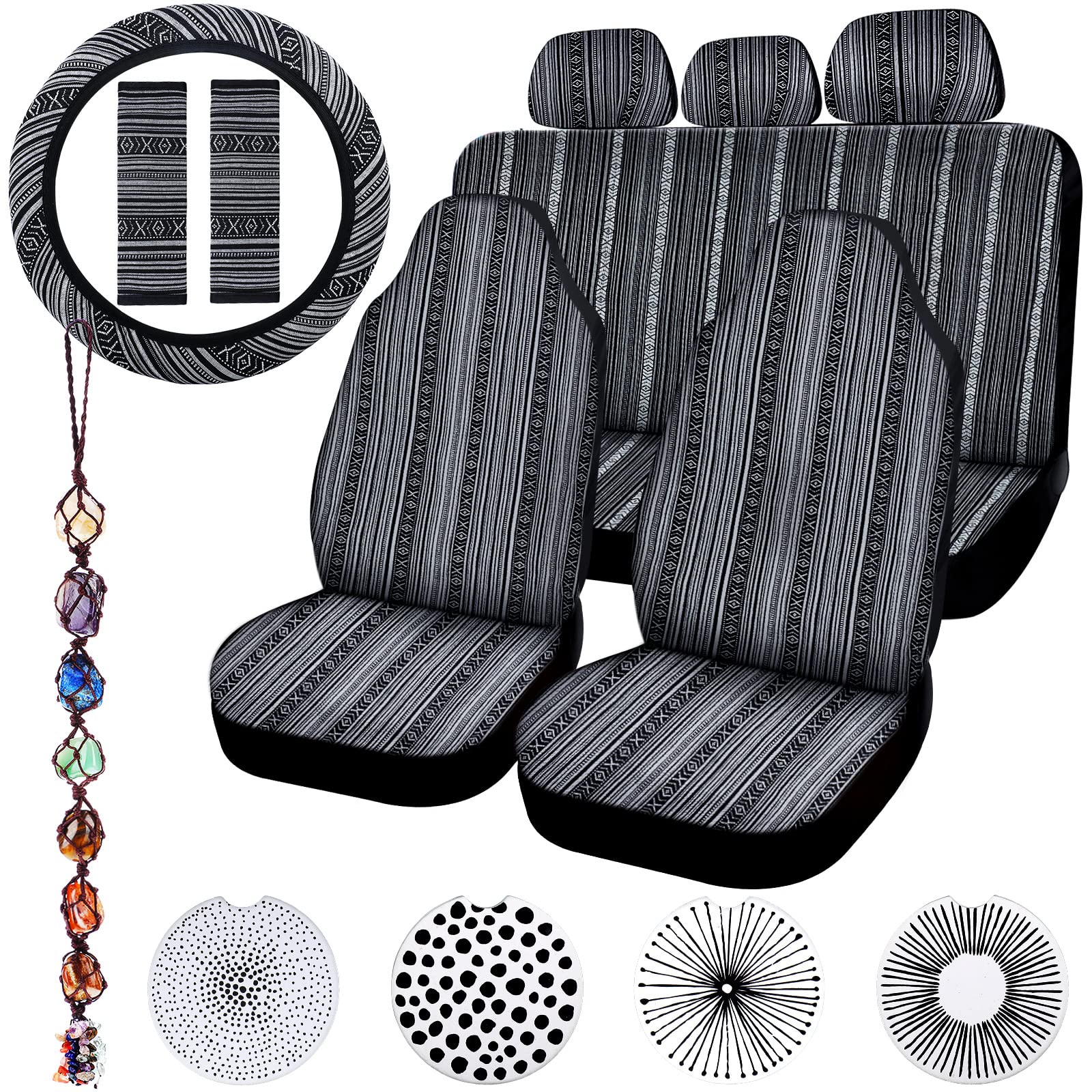Photo 1 of Frienda 14 Pcs Baja Car Seat Covers Full Set Multicolor Stripe Boho Print Steering Wheel Cover Seat Belt Cover Crystal Hanging Ornament Car Holders Fits (Vintage Style)