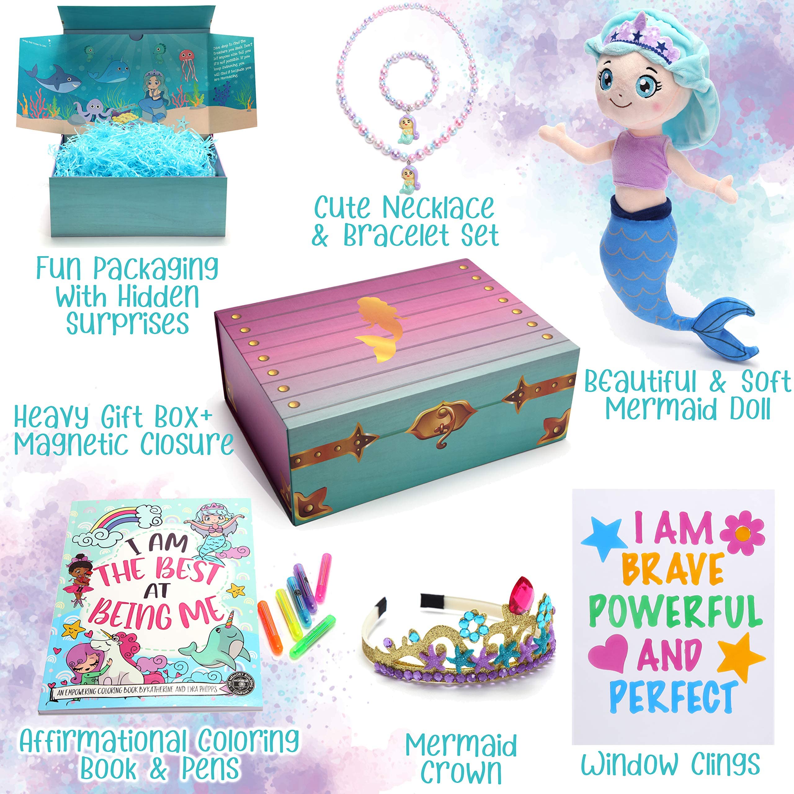 The Memory Building Company Kids Mermaid Surprise Box for Girls & Boys, Includes Plush, Coloring Book + Markers, Jewelry, Crown Headband, Birthday Toys Easter Basket Stuffers Age 6 & Up