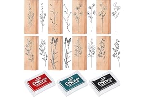 TENARE 8 Pieces Vintage Wooden Rubber Stamps Wooden Plant Stamps Set Decorative Rubber Stamps with 3 Colors Stamp Ink Pad for DIY Craft, Card Making and Letters Diary (Flowers and Plants Style)
